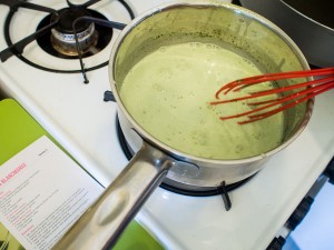 Heating milk, sugar, heavy cream, adding matcha (steps 4 and 5)